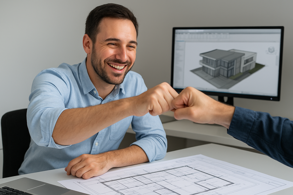 Delineatne sonriente celebrando con un compañero frente a planos y un modelo 3D de edificio en una computadora.